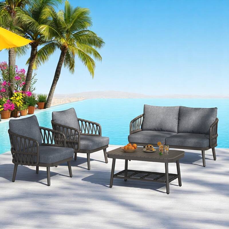 4-Piece Outdoor Conversation Set with Woven Rope U-Shaped Backrest, Acacia Wood Coffee Table, Water-Repellent Cushions