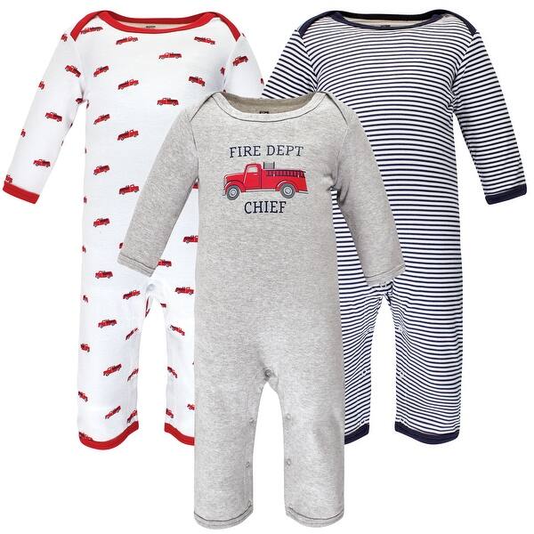 slide 1 of 1, Hudson Baby Infant Boy Cotton Coveralls, Fire Truck 0 - 3 Months - Blue/Grey/Red