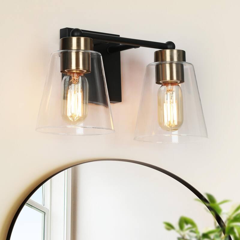 Airielle Black Gold 2-Lights Bathroom Vanity Lights Modern Farmhouse Bedroom Wall Lamps with Cylinder Glass Shade - L 13" x W 6" x H 7" - Black & Gold