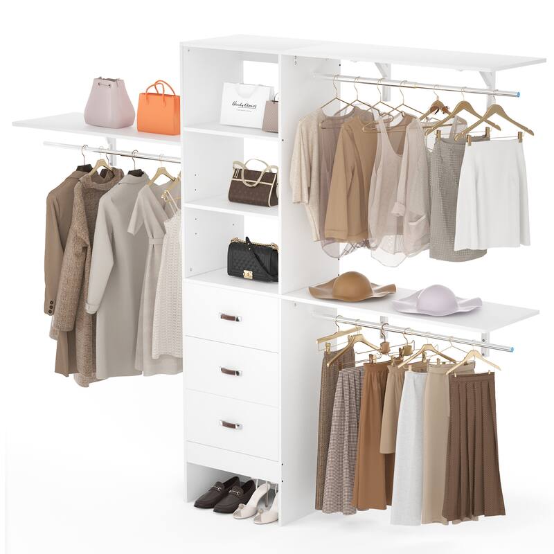 20.2'' - 96'' W Closet Organizer with Drawers, Closet System with Hanging Rods and Adjustable Shelves