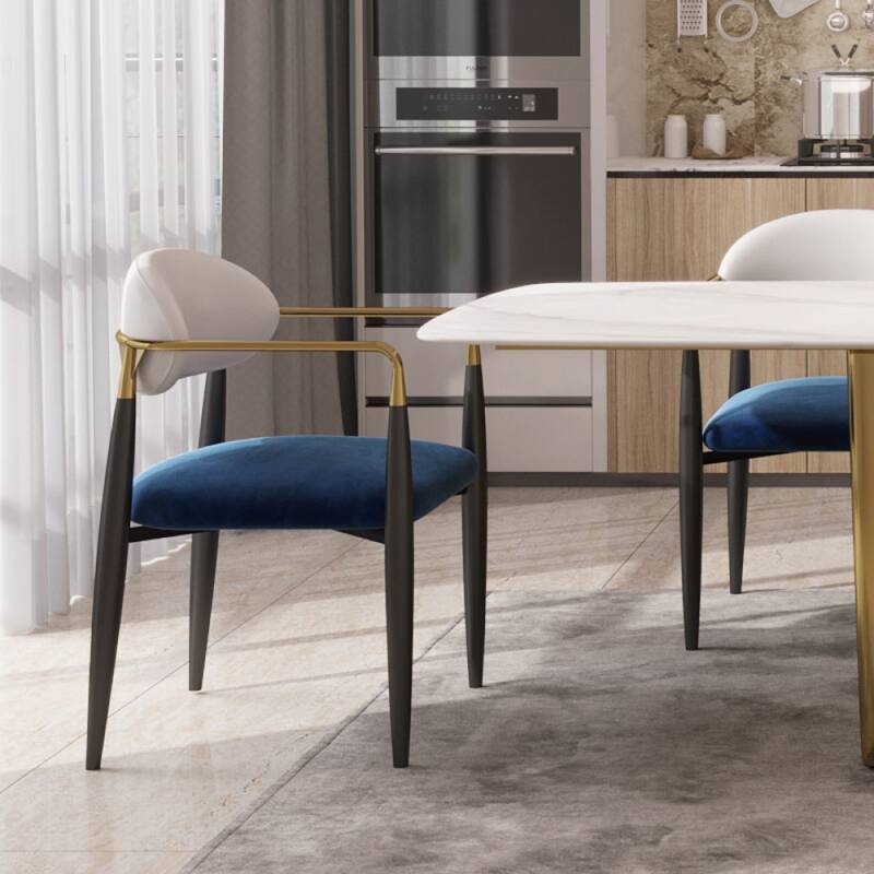 Modern Dining Chairs with Velvet Accent, Arm Chairs with PU Leather Back Pull and Metal Leg