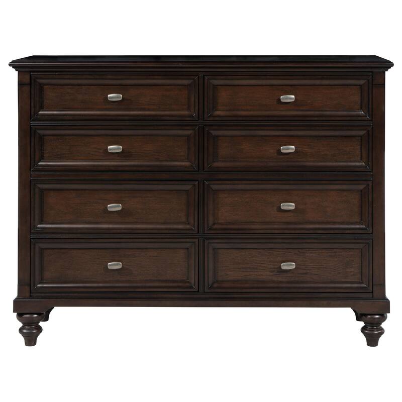 Meon Wide Dresser w 8 Drawers, Carved Bun Feet, Dark Oak Brown Wood