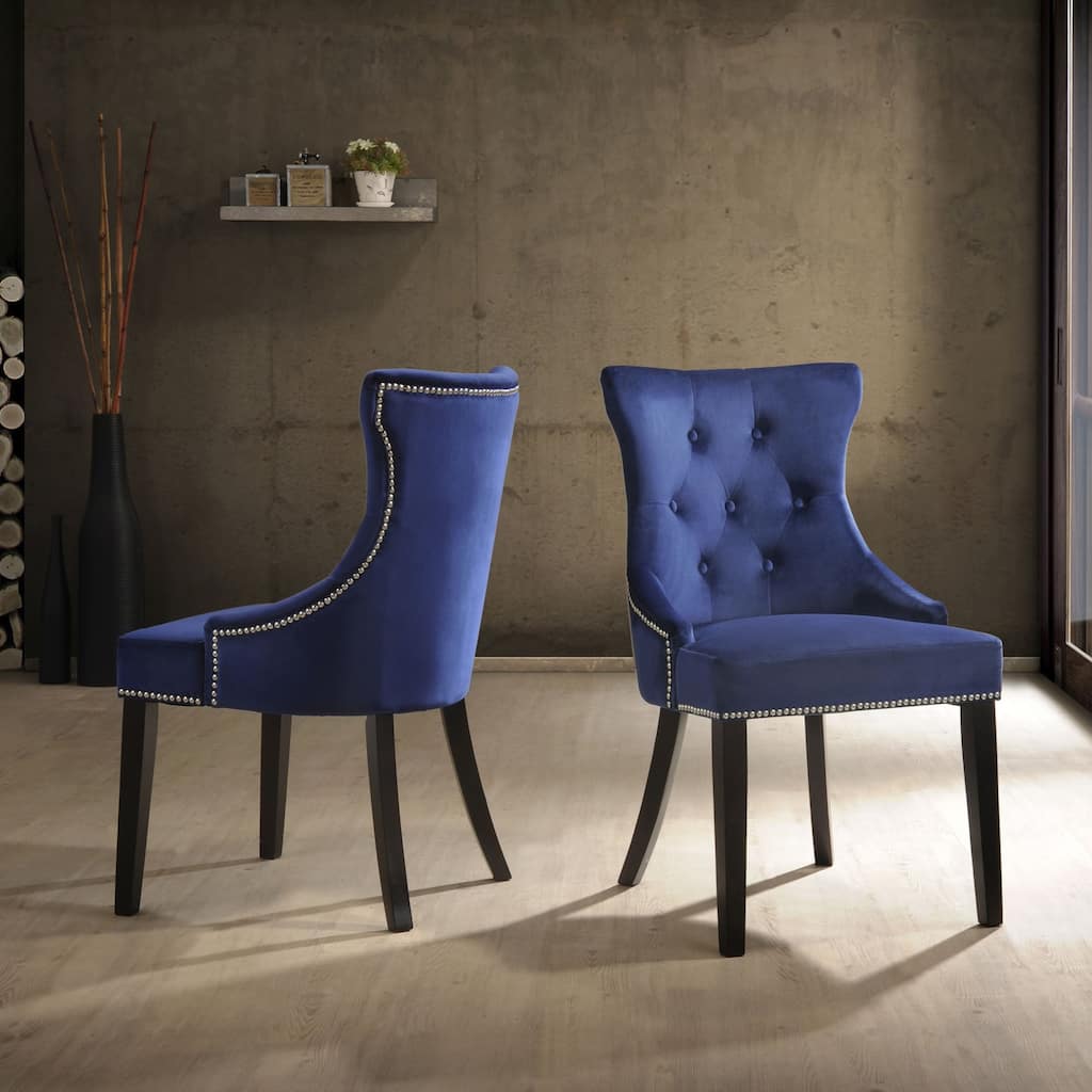 Tufted Back Upholstered Dining Chair with Tapered Legs - 35" - Navy Blue - Set of 2