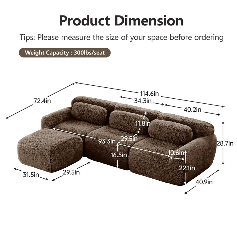 L-Shaped Boneless Sectional Sofa Set with Ottoman, Throw Pillows, 32D High-Density Sponge, No Assembly Required