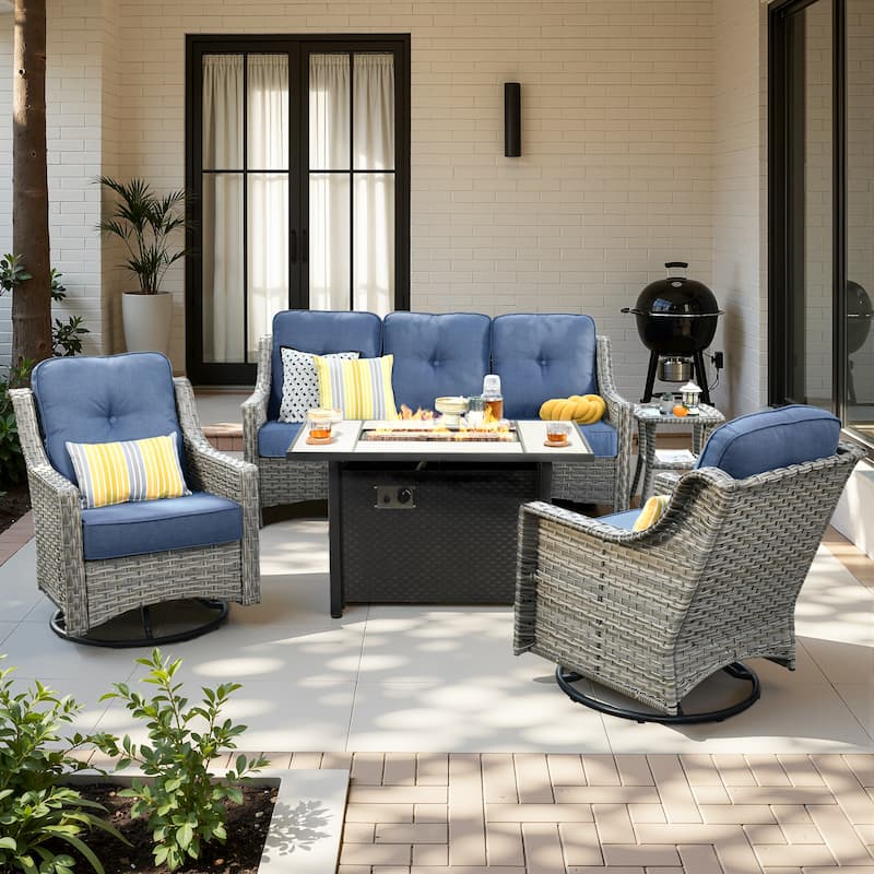 HOOOWOOO 5-piece Patio Sofa Swivel Chair Set with Fire Pit Table