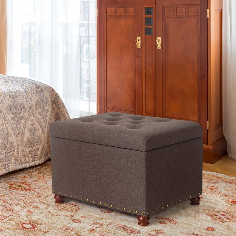 Adeco Storage Ottoman Tufted Linen Wood Bench with Nails