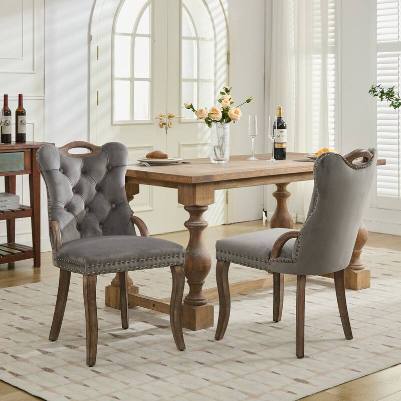 GDF Studio- Velvet Wing-Back Dining Chair with Handmade Tufted Trim & Curved Wood Legs, Set of 2