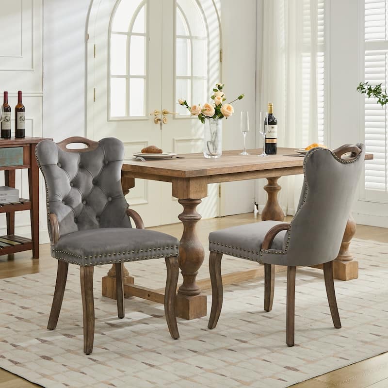 Velvet Dining Chair with Tufted Trim and Solid Wood Legs,Set of 2 - Grey