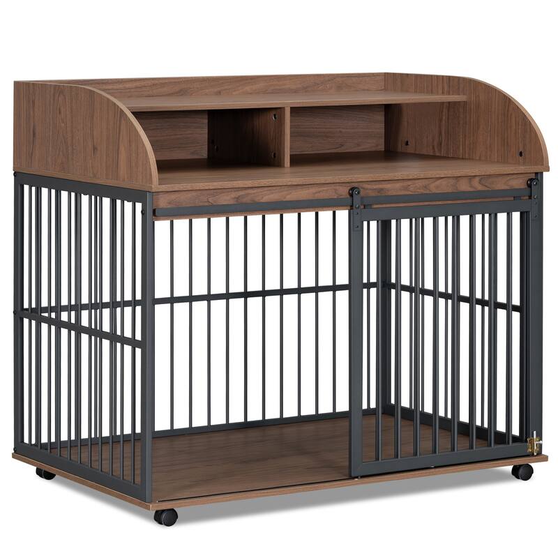 44"Heavy Duty Large Dog Crate Furniture with Lockable Wheels, Wooden Dog Crate Dog Kennel, End Table with Double Layer Storage