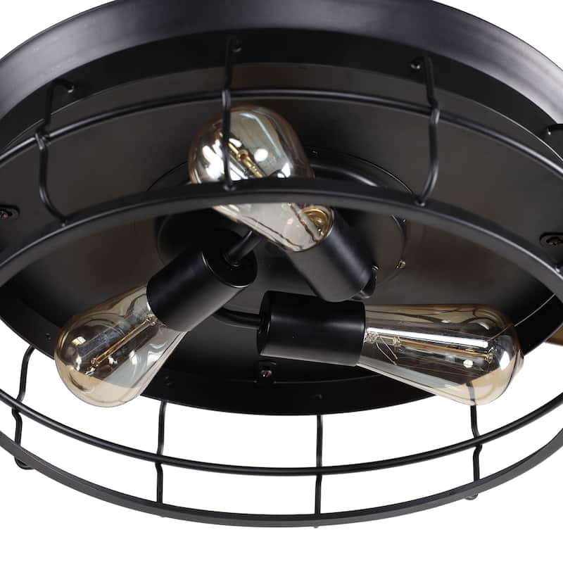 36-in Industrial Matte Black Metal 3-Blades Retractable Caged Ceiling Fan with Remote and Light Kit - 36 Inches