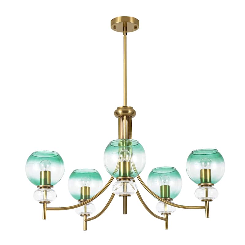 5-Light Mid-Century Modern Luxury Green Sputnik with Open/Bubble Glass Globe Shades Chandelier for Dining Room, Living Room