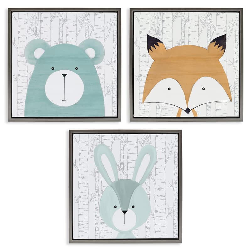 Stupell Whimsical Woodland Nursery Animals Framed Floater Canvas Wall Art Design By Kim Allen (Set of 3) - 18 x 18 - Grey