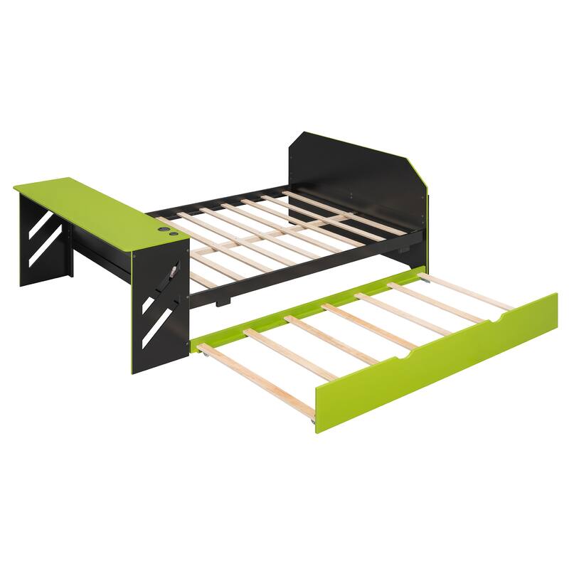 Full Daybed with Trundle, Wood Daybed with Built-in Desk and USB Charging Station, Twin Trundle Bed with Storage