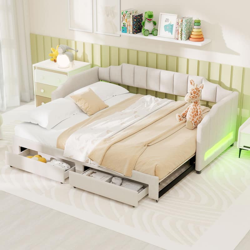 Twin XL Extendable Upholstered Daybed - Converts to King Size with 2 Storage Drawers and LED Lighting