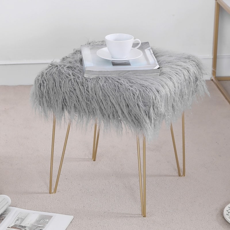 Adeco Faux Ottoman Vanity Stool with Metal Legs for Bedroom