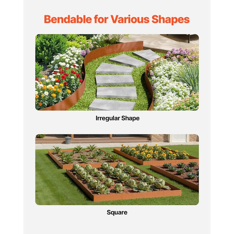 Rust Steel Flexible Garden Edging with Spikes and Clips, 6 Pcs Set - 40” L x 6” H