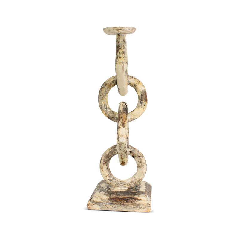 Wood Chain Link Candle Holder Hand Carved Rustic Whitewashed Candle Stand, Decorative Accent