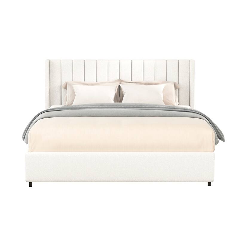 Queen Upholstered Platform Bed in Ivory Boucle with 4 Plastic-Lined Storage Drawers, Channel Tufted Wingback Headboard