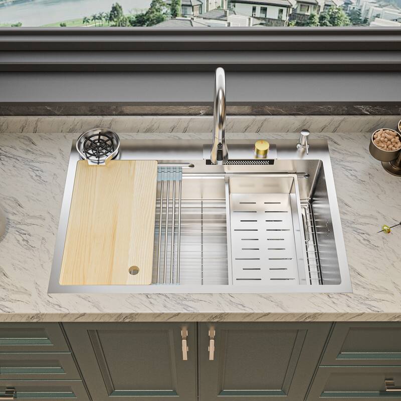 33 Inch Farmhouse Sink Front Kitchen Sink Workstation Single Bowl - Brushed