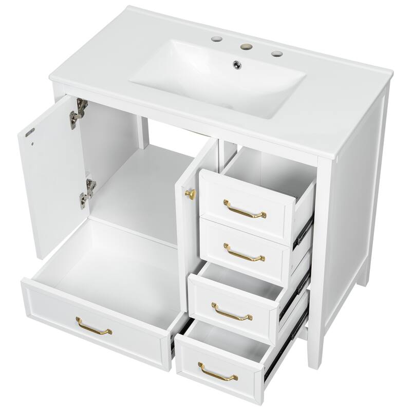 36" Bathroom Vanity with Sink, Bathroom Cabinet with Soft-Closing Door, 4 Drawers of Different Sizes, Solid Wood Frame and Leg