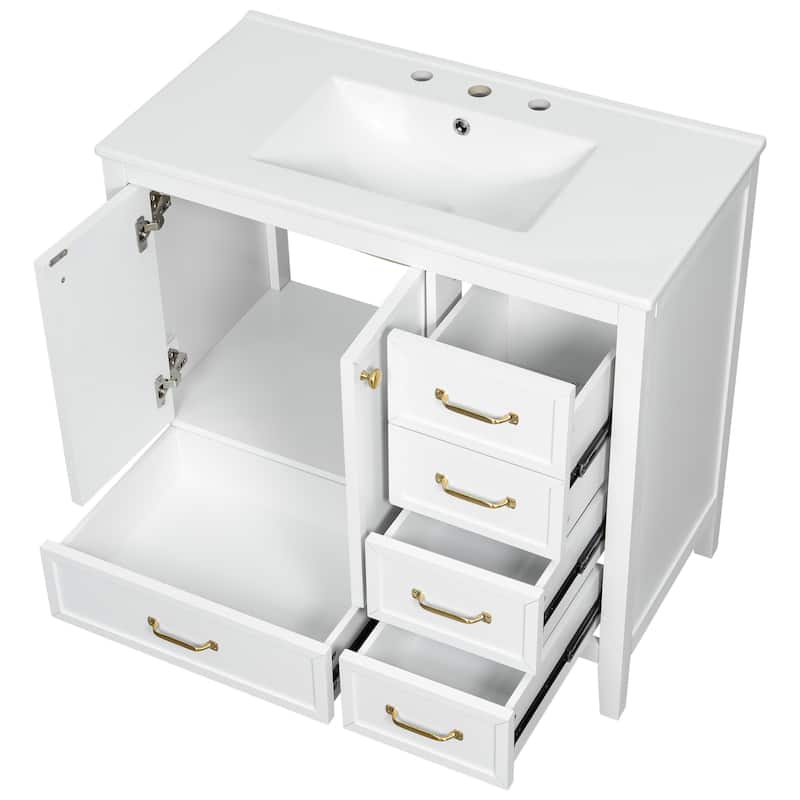 Single Sink Bathroom Vanity Cabinet with 4 Drawers, Cabinet Base & Ceramic Basin Set, 36 Inch