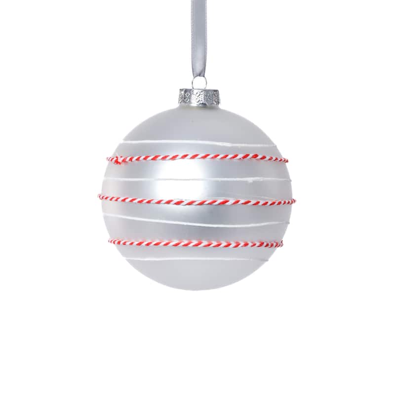 4-Piece Set Matte 4.75" Glass Ball Ornaments with White & Red Rope - White