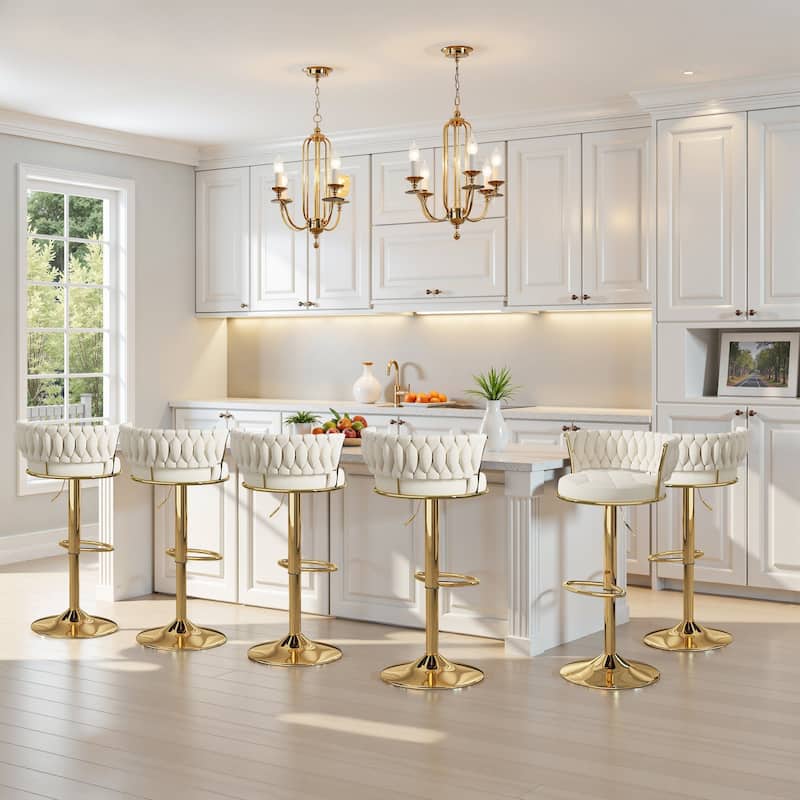 VECELO Set of 4/6 Bar Stools Adjustable Swivel with Metal Frame Modern Bar Stools with Back for Dining Room - Set of 6 - White/Gold