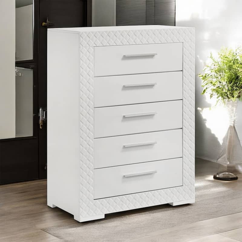 5 Drawers Wooden Chest in White High Gloss