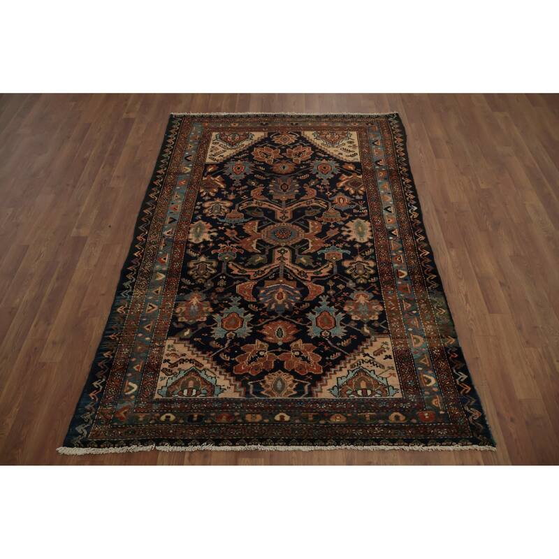 Hand Knotted Oriental 100% Wool Carpet Traditional Floral Navy Blue & Blues Hamedan Area Rug - 6' 6'' X 4' 5''