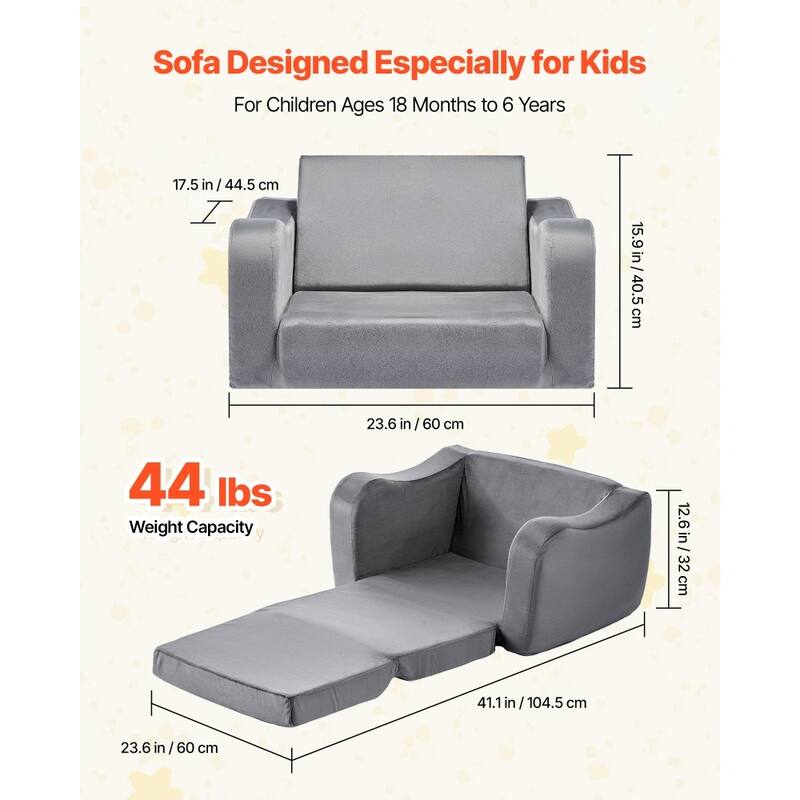 2 in 1 Soft Plush Fabric Convertible Toddler Couch Nap Bed with Armrest for Kids 18 Months-6 Years - 23.6 x 17.5 x 15.9 in
