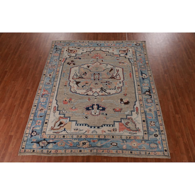 Hand Knotted Oriental 100% Wool Carpet Transitional Medallion Beige & Ivories Oushak Area Rug - 9' 7'' X 8' 0''
