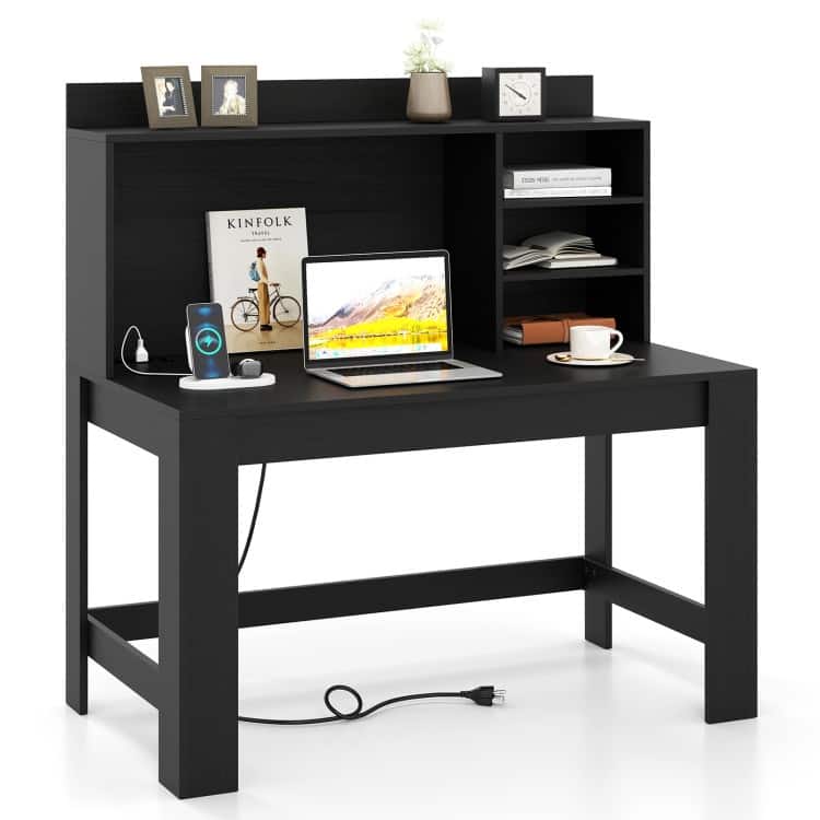 Modern White Computer Desk with Hutch & Charging Station 42.5'' MDF Workstation with USB