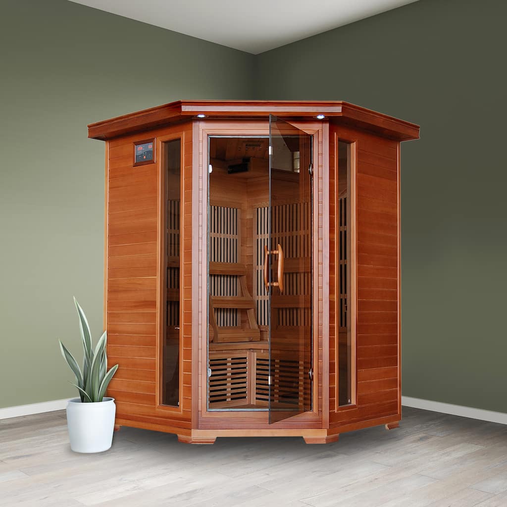 HeatWave Hudson Bay 3-Person Cedar Corner Infrared Sauna with 7 Carbon Heaters