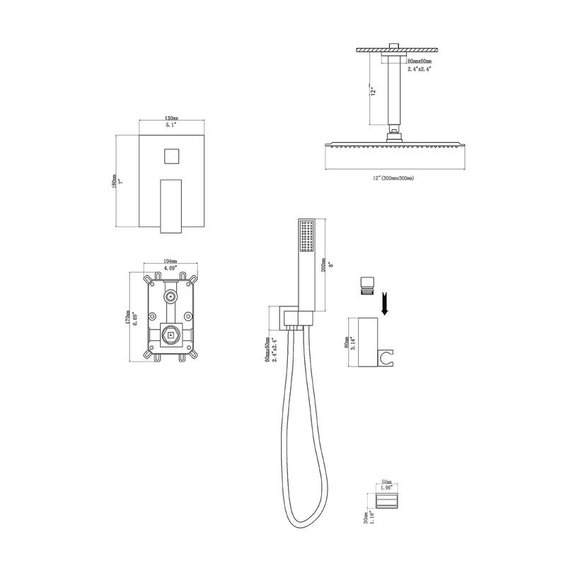Topcraft 12-inch Ceiling Mount Square Shower System with Rough-in Valve - 12*12
