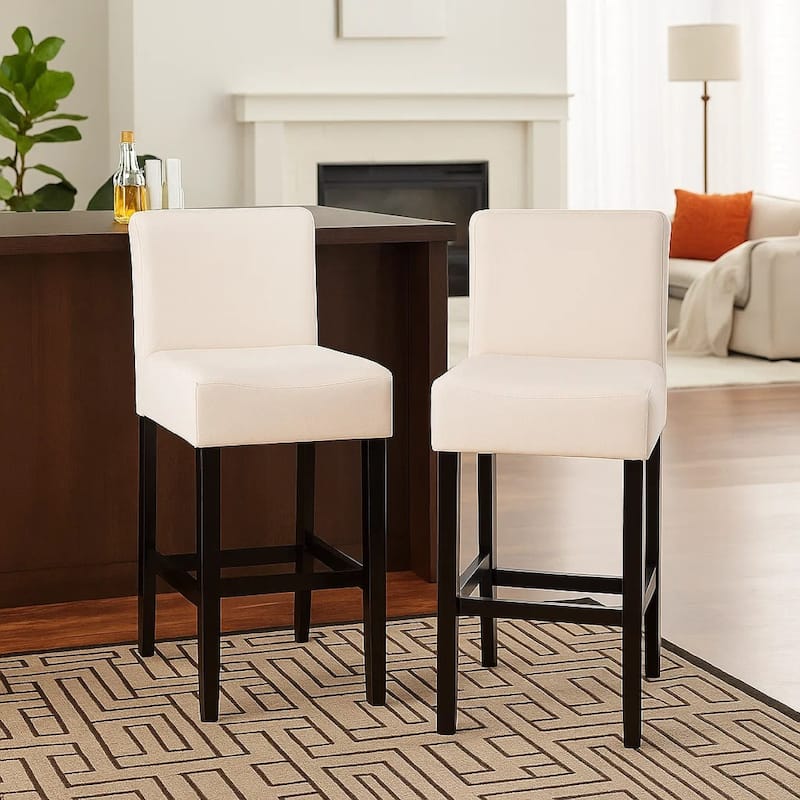 Kovey Counter Stool Chair Set of 2, Metal Kickplate, Beige Polyester