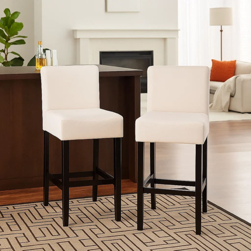 Kovey Counter Stool Chair Set of 2, Metal Kickplate, Beige Polyester