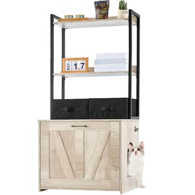 Natural MDF Hidden Cat Litter Box Enclosure Furniture with 2 Open Shelves and 2 Baskets