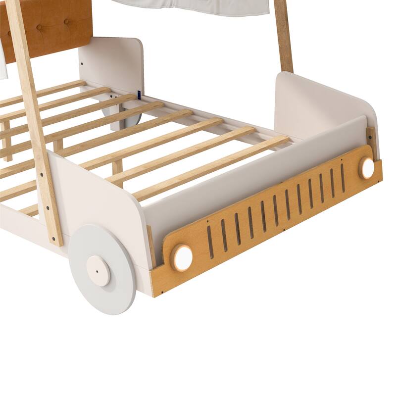 Roomfitters Size Car Canopy Bed, Wood Frame Platform with Upholstered Headboard, Tent Roof Design