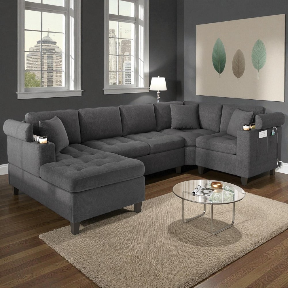 115.7" Modern U-Shaped Sectional Sofa with Cup Holders, Storage Space and USB Ports, Oversized Chenille Couch for Living Room