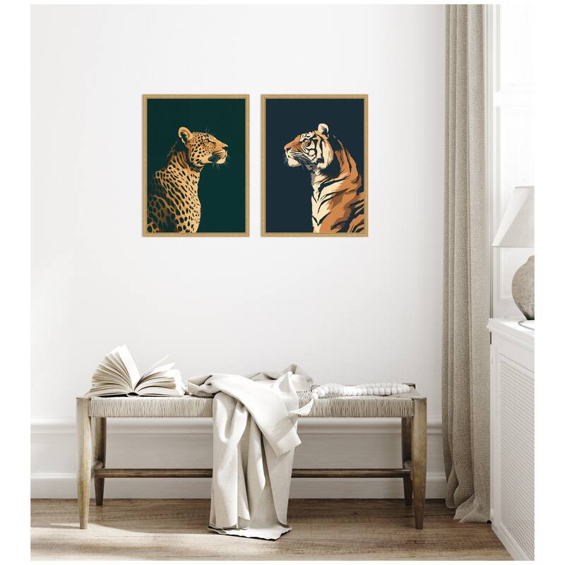 Kate and Laurel Gold Emerald Leopard Navy Tiger 2 Piece Framed Canvas Wall Art Set by The Creative Bunch Studio