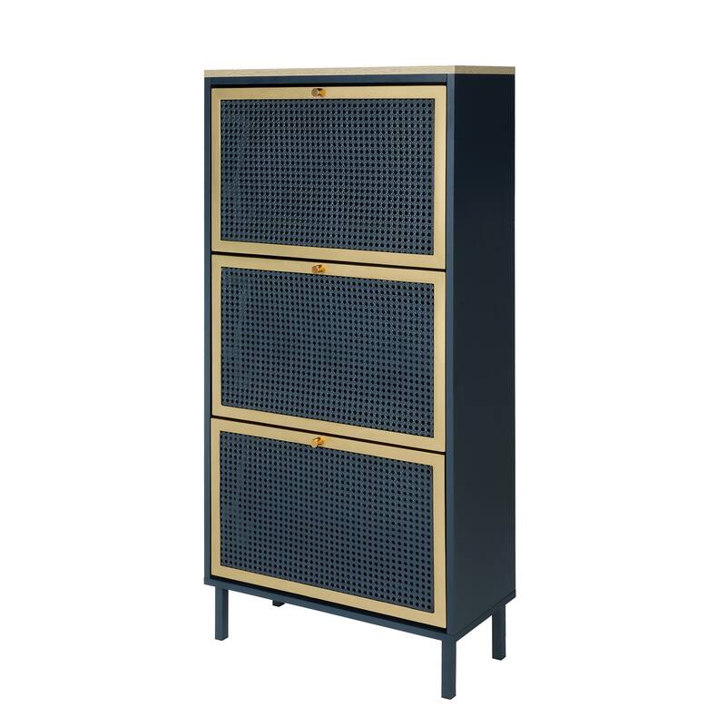 GDFStudio - Honeycomb Metal Rattan Modern Shoe Storage Cabinet with 3 Doors