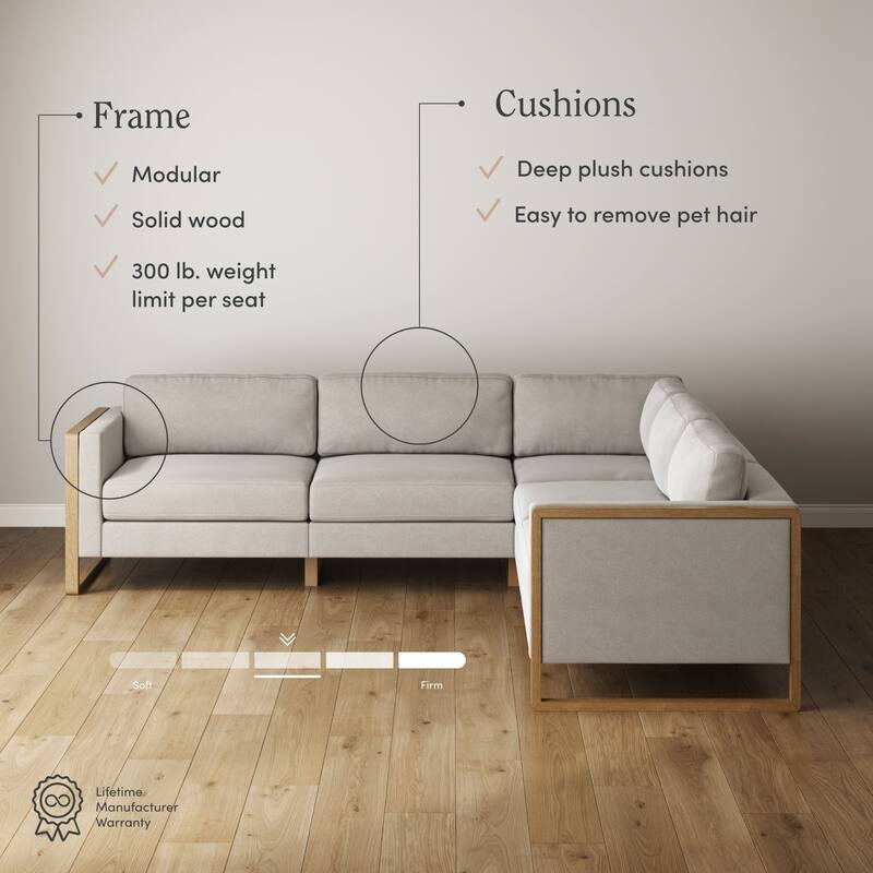 Madison Modern Modular L-Shaped Sectional Sofa with Cushion, 5-Seat Corner Sofa or Couch with Solid Wood Legs