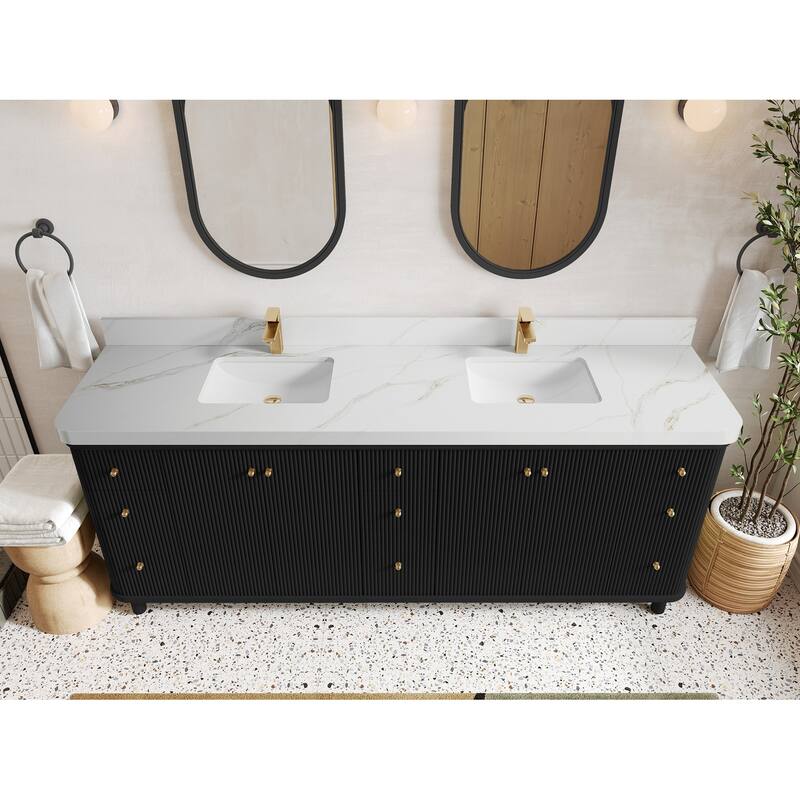 Willow Collections 84 in. W x 22 in. D Reeded Miami Double Bowl Sink Bathroom Vanity with Countertop - 2"Calacatta Sienna - Black