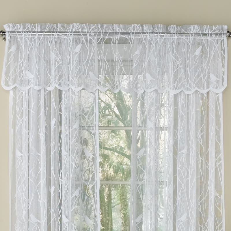 White Knit Lace Bird Motif Window Curtain Tiers, Valance and Swag Pair Options - Valance