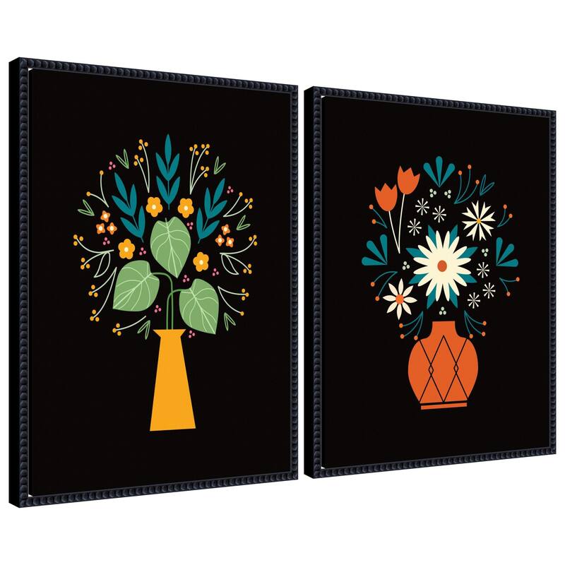 Kate and Laurel Sylvie Beaded Floral Yellow and Red Vases Framed Canvas Art Set by Amber Leaders - 2 Piece Set 18x24 - Black