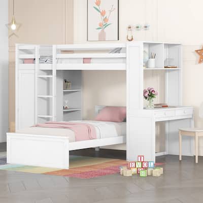 Multi-Functional Twin/Full Loft Bed with Desk, Storage Shelves, Wardrobe, and Additional Bed, Ideal for Small Rooms