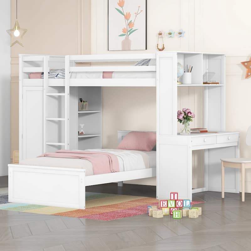 Space-Saving Twin Loft Bed with Desk, Shelves, Wardrobe, and Additional Bed - White