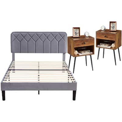 VECELO 3-Pieces Upholstered Platform Bed Frame with Adjustable Headboard and Nightstands Set of 2, Grey