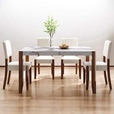 5-Piece Modern Dining Table Set with Faux Marble Top, 4 Upholstered Chairs and Rubberwood Legs for Kitchen and Dining Room