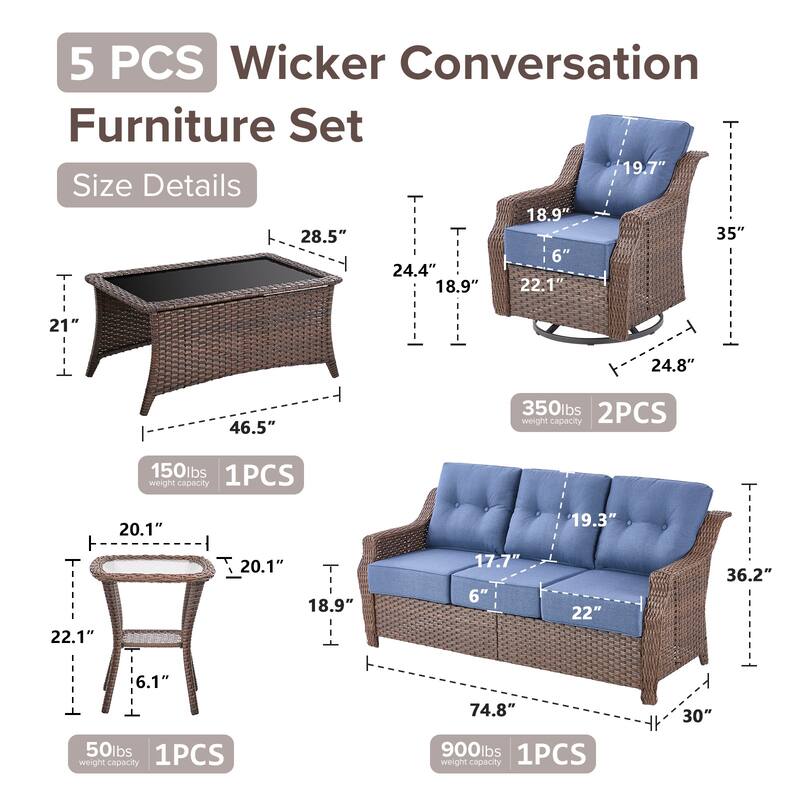 Gymojoy Wicker Patio Furniture Sofa Set, 6-Inch Ultra Thick Cushioned 360°Swivel Glider Chairs & Sofa Set